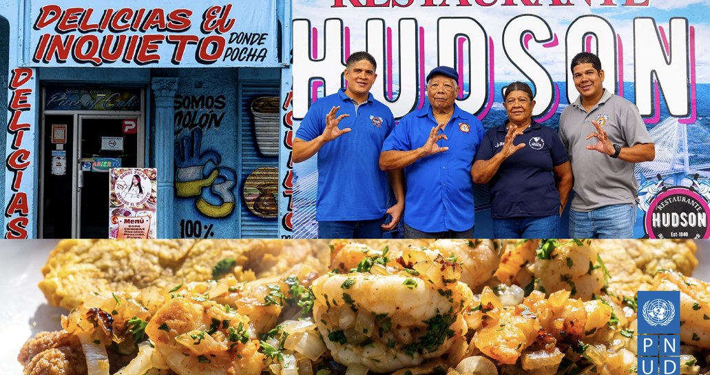 Collage de fondas de Colón: la fachada de Delicias El Inquieto, el equipo del Restaurante Hudson haciendo el gesto C-3 y un plato de camarones, con el logo del PNUD