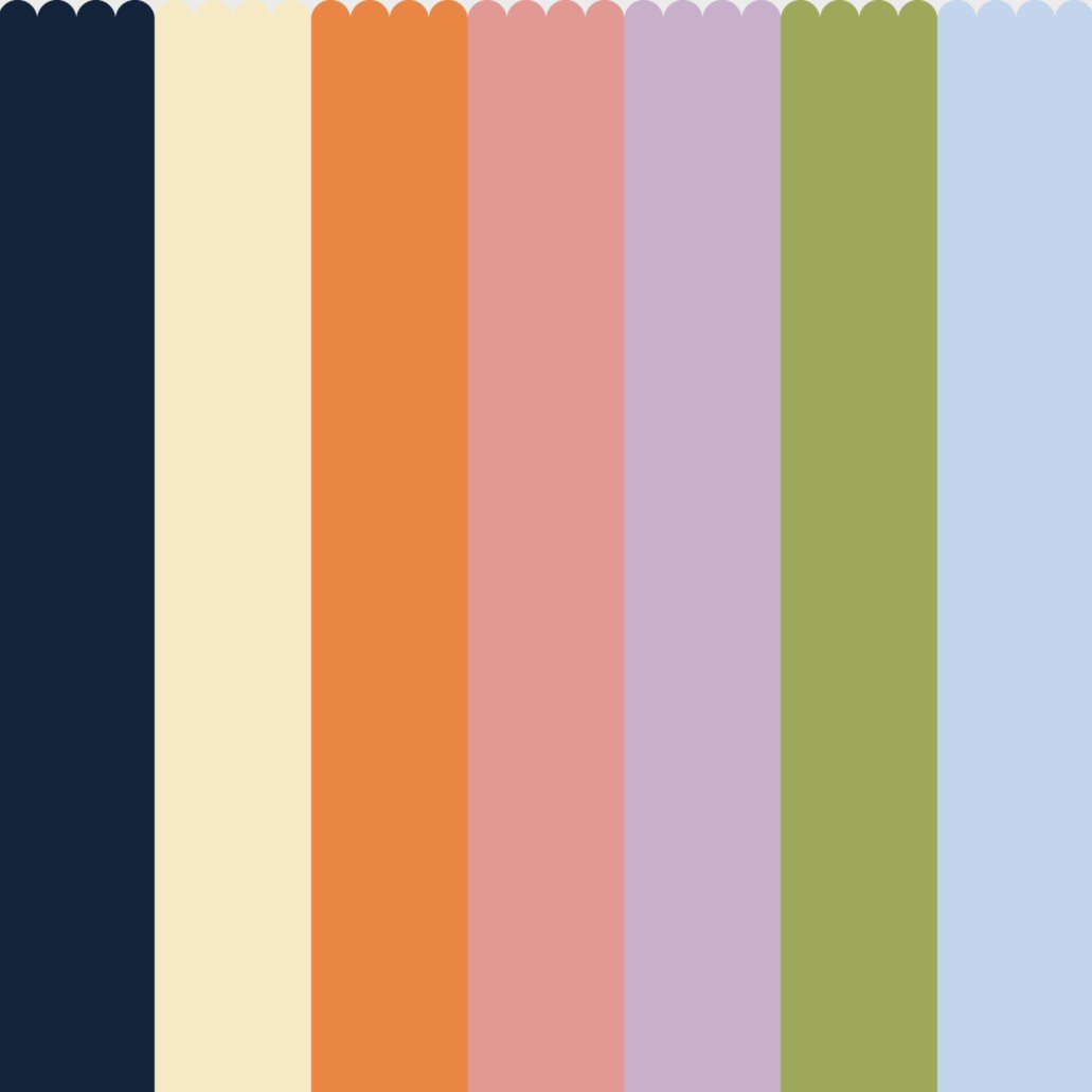 Paleta de color de Sultavolo: azul marino, crema, naranja, rosa, lila, verde oliva y celeste